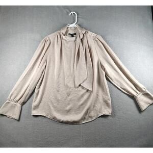 Banana Republic Womens Large Beige Satin Blouse Tie Neck Long Sleeve Work EUC